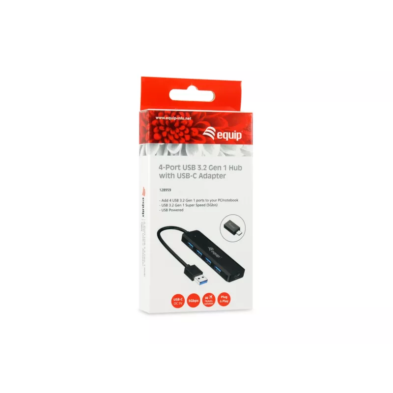 Concentrador USB Equip 4 puertos USB 3.2 Gen 1 con adaptador USB-C negro 5000 Mbit/s