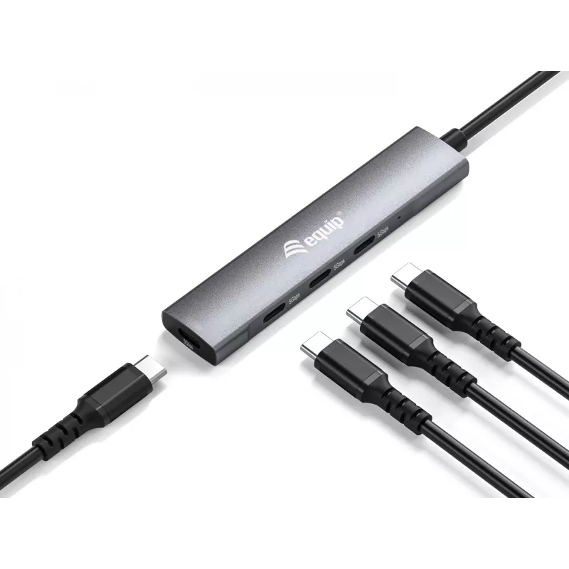 Equip 128963 hub USB-C de 4 puertos USB 3.2 Gen 1 (3.1 Gen 1), 4x USB-C, 5 Gbit/s, aluminio, sin adaptador de corriente, negro/plateado