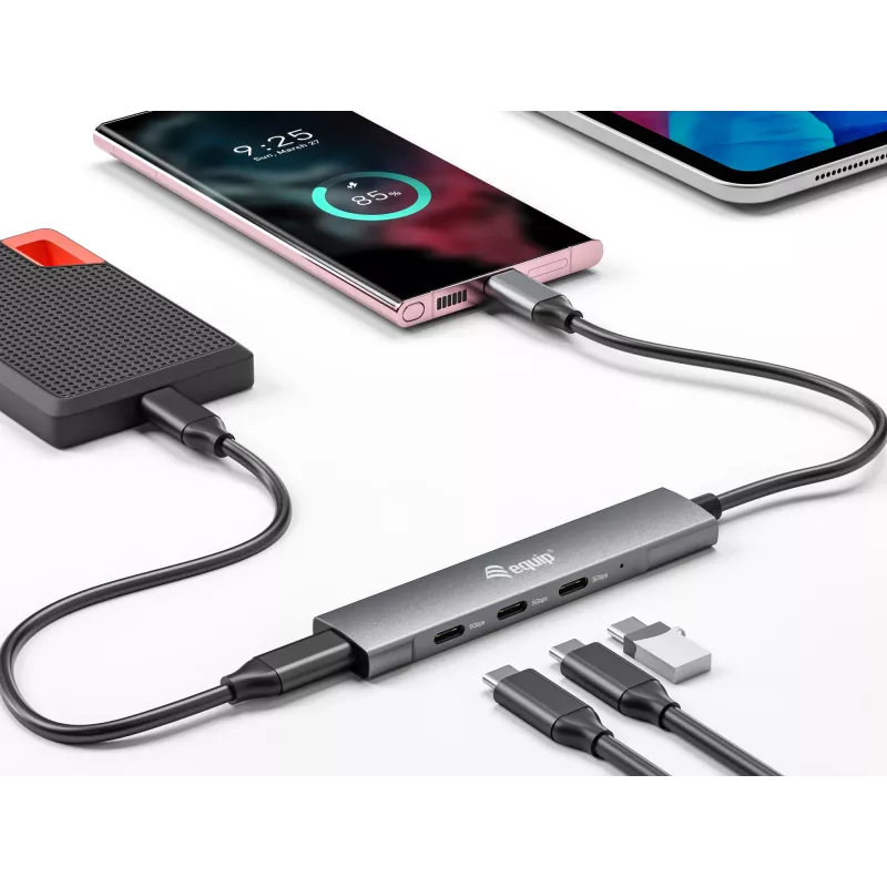 Equip 128963 hub USB-C de 4 puertos USB 3.2 Gen 1 (3.1 Gen 1), 4x USB-C, 5 Gbit/s, aluminio, sin adaptador de corriente, negro/plateado