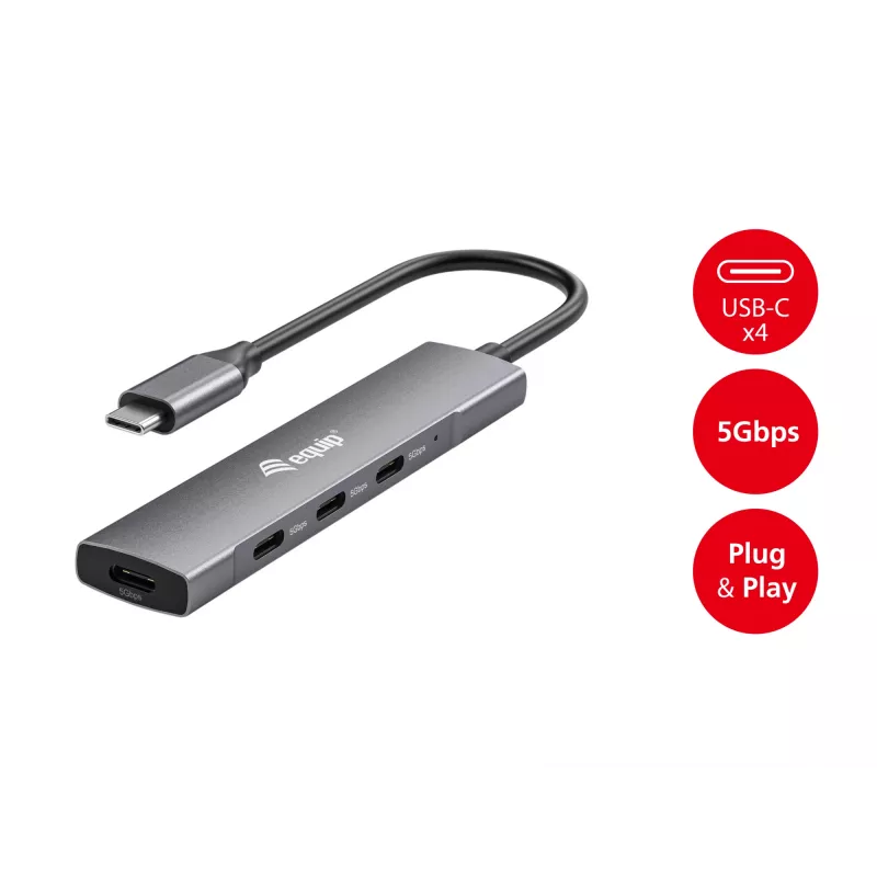 Equip 128963 hub USB-C de 4 puertos USB 3.2 Gen 1 (3.1 Gen 1), 4x USB-C, 5 Gbit/s, aluminio, sin adaptador de corriente, negro/plateado