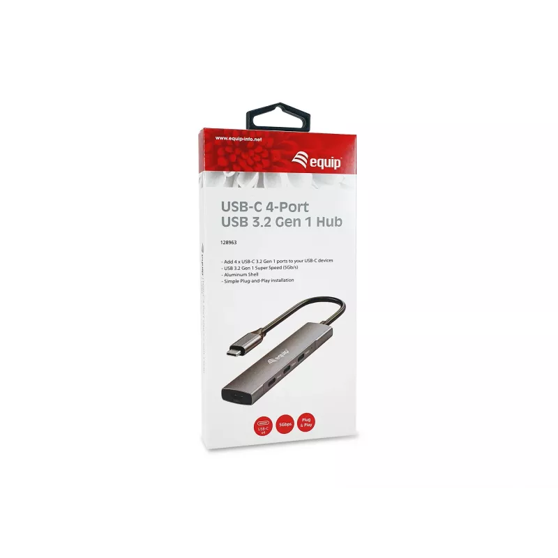 Equip 128963 hub USB-C de 4 puertos USB 3.2 Gen 1 (3.1 Gen 1), 4x USB-C, 5 Gbit/s, aluminio, sin adaptador de corriente, negro/plateado
