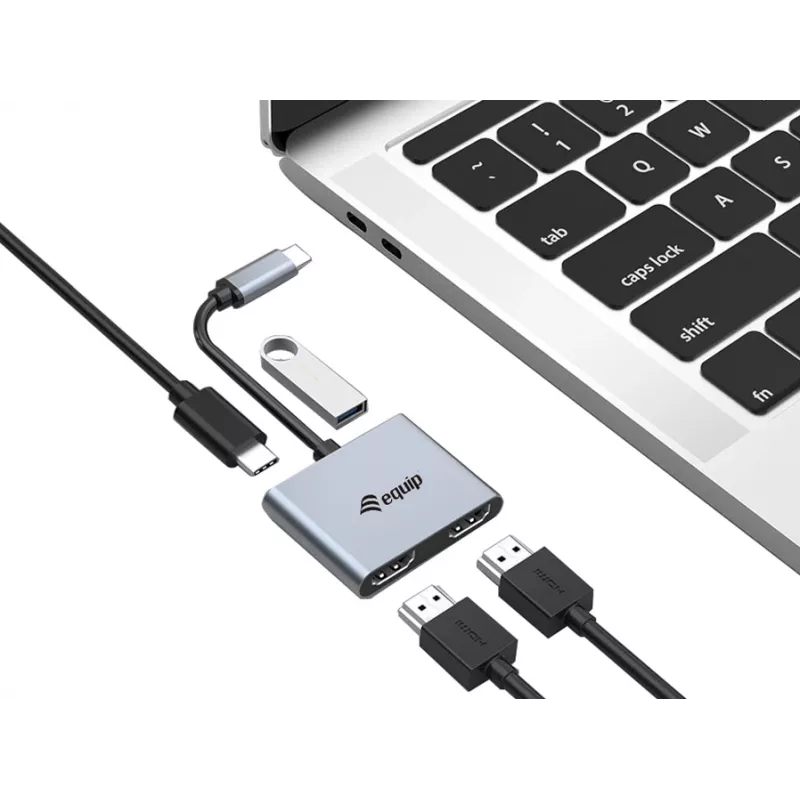 Adaptador dual HDMI 4 en 1 USB-C Equip, USB 3.2 Gen 1 (3.1 Gen 1) Type-C, plateado, 4K Ultra HD, 30 Hz, HDMI, aluminio