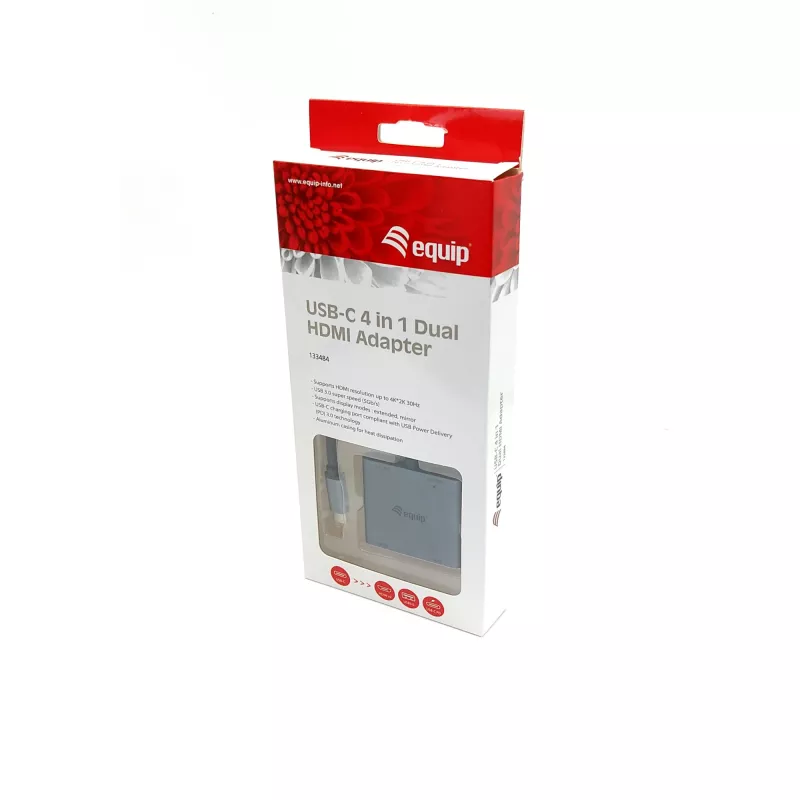 Adaptador dual HDMI 4 en 1 USB-C Equip, USB 3.2 Gen 1 (3.1 Gen 1) Type-C, plateado, 4K Ultra HD, 30 Hz, HDMI, aluminio