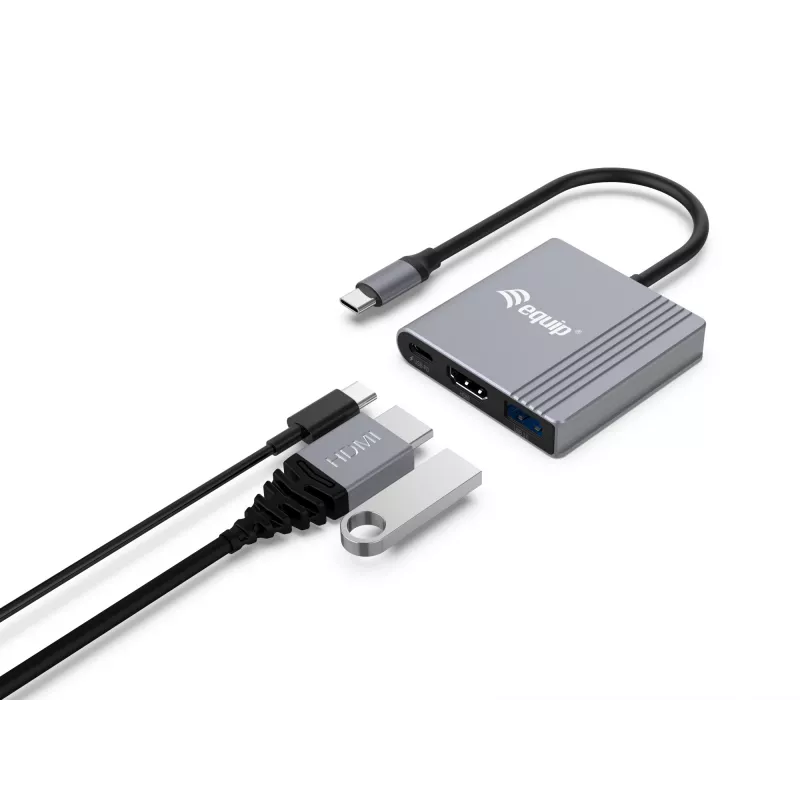 Equip 133488 adaptador 3 en 1 de USB-C a HDMI / USB-A / USB PD, USB 3.2 Gen 1 (3.1 Gen 1), 4K/60 Hz, 100 W PD, aluminio, negro/gris