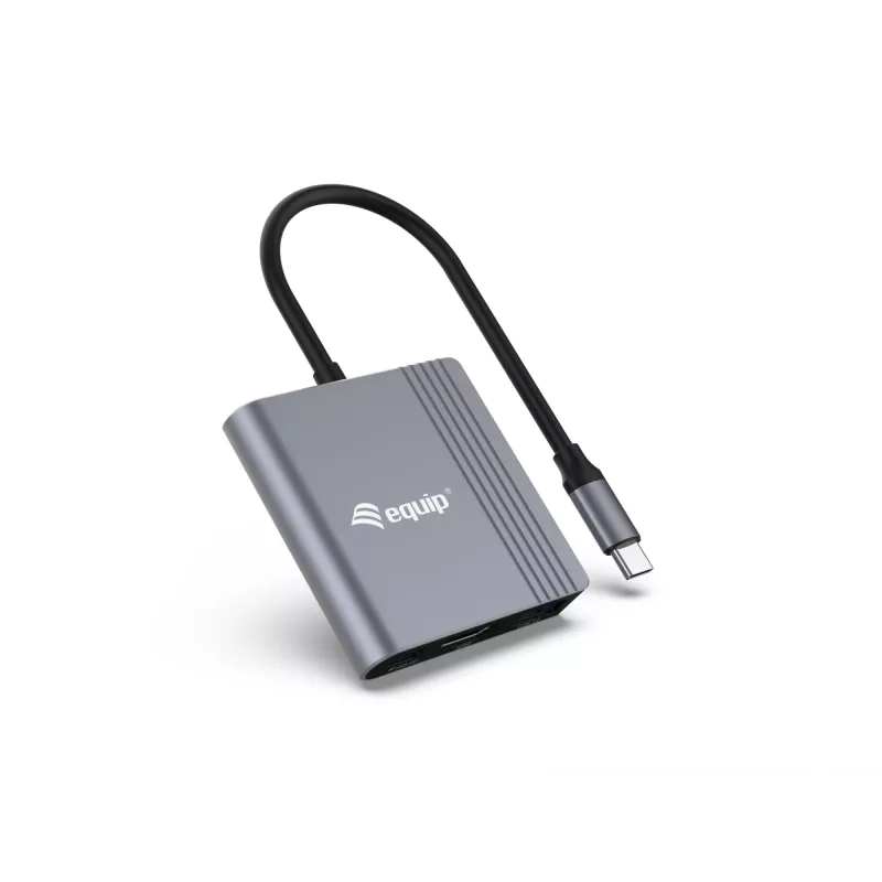 Equip 133488 adaptador 3 en 1 de USB-C a HDMI / USB-A / USB PD, USB 3.2 Gen 1 (3.1 Gen 1), 4K/60 Hz, 100 W PD, aluminio, negro/gris