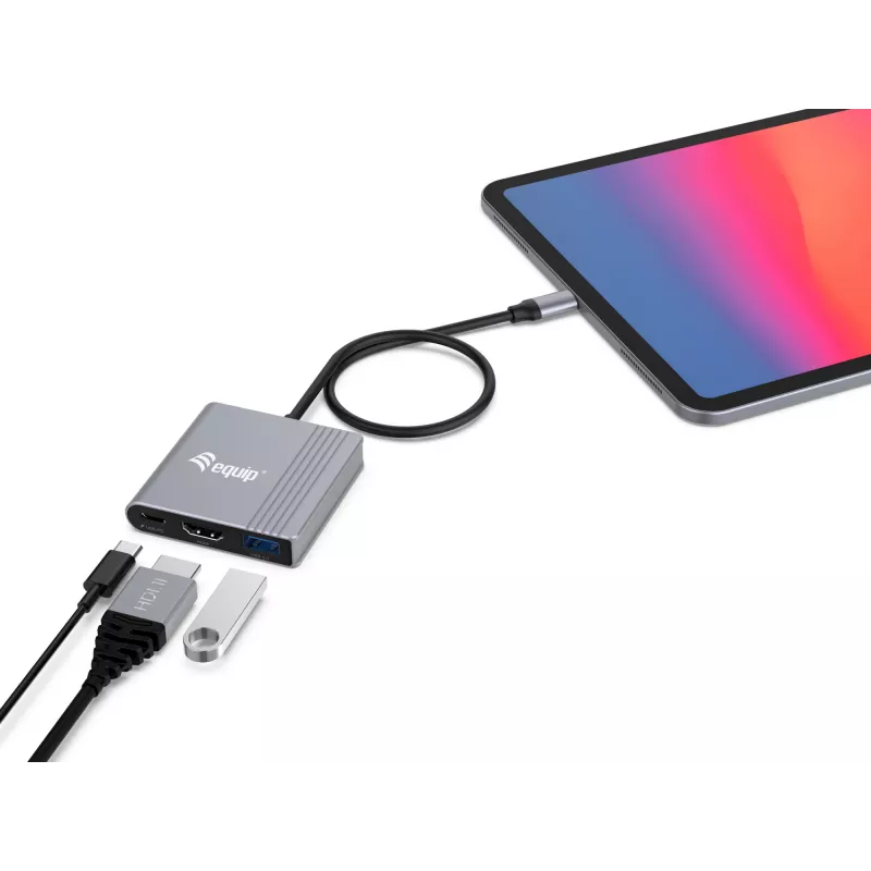 Equip 133488 adaptador 3 en 1 de USB-C a HDMI / USB-A / USB PD, USB 3.2 Gen 1 (3.1 Gen 1), 4K/60 Hz, 100 W PD, aluminio, negro/gris