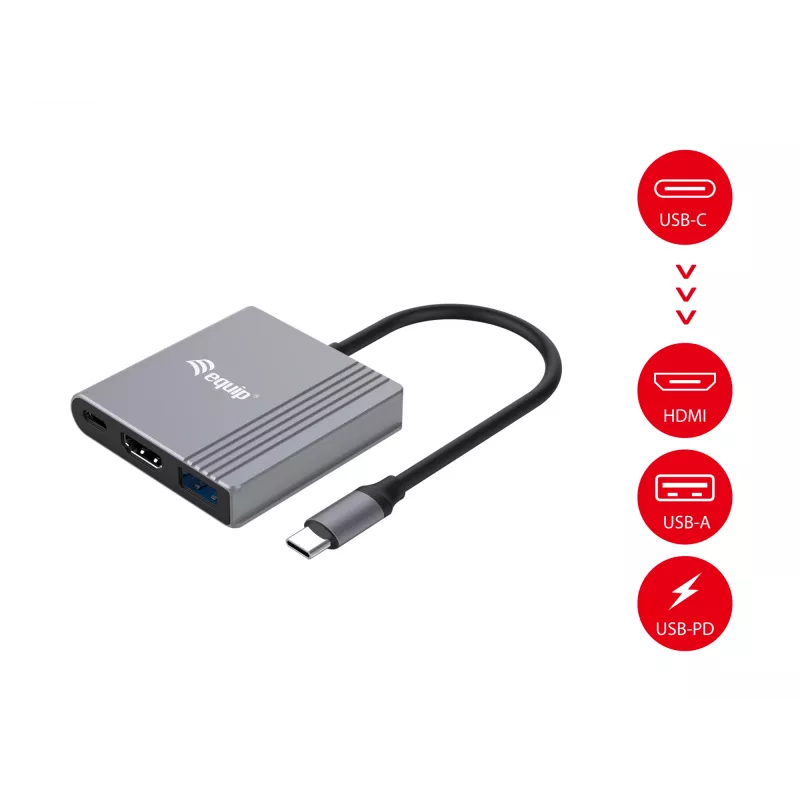 Equip 133488 adaptador 3 en 1 de USB-C a HDMI / USB-A / USB PD, USB 3.2 Gen 1 (3.1 Gen 1), 4K/60 Hz, 100 W PD, aluminio, negro/gris