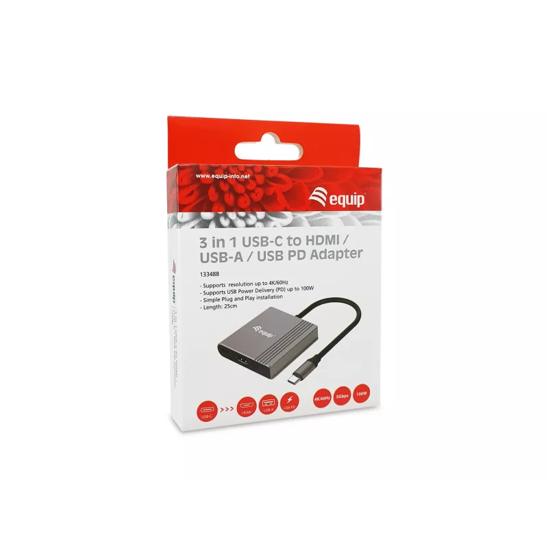 Equip 133488 adaptador 3 en 1 de USB-C a HDMI / USB-A / USB PD, USB 3.2 Gen 1 (3.1 Gen 1), 4K/60 Hz, 100 W PD, aluminio, negro/gris