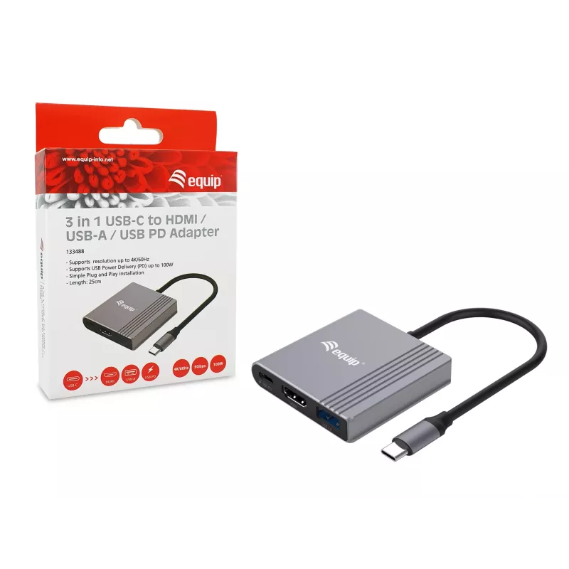 Equip 133488 adaptador 3 en 1 de USB-C a HDMI / USB-A / USB PD, USB 3.2 Gen 1 (3.1 Gen 1), 4K/60 Hz, 100 W PD, aluminio, negro/gris