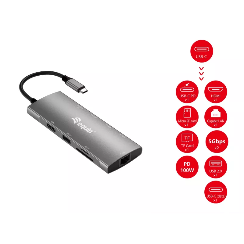 Adaptador multifunción Equip USB-C 9 en 1, HDMI 4K/60Hz, Gigabit-LAN, USB 3.2 GEN1, SD/TF, 100W USB PD