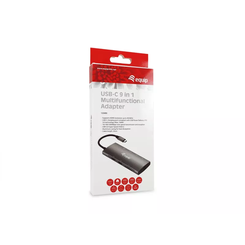 Adaptador multifunción Equip USB-C 9 en 1, HDMI 4K/60Hz, Gigabit-LAN, USB 3.2 GEN1, SD/TF, 100W USB PD