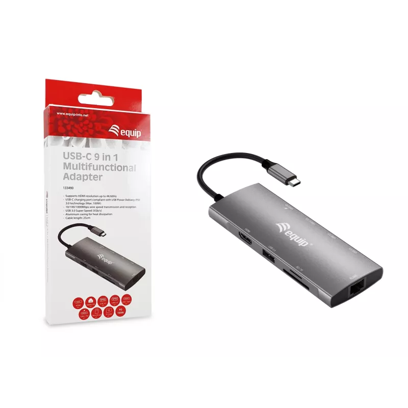 Adaptador multifunción Equip USB-C 9 en 1, HDMI 4K/60Hz, Gigabit-LAN, USB 3.2 GEN1, SD/TF, 100W USB PD