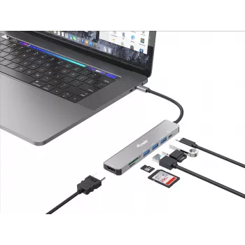 Adaptador multifunción Equip USB-C 7 en 1, HDMI 4K/60Hz, USB 3.2 Gen1 x3, TF/Micro SD, 100W USB PD