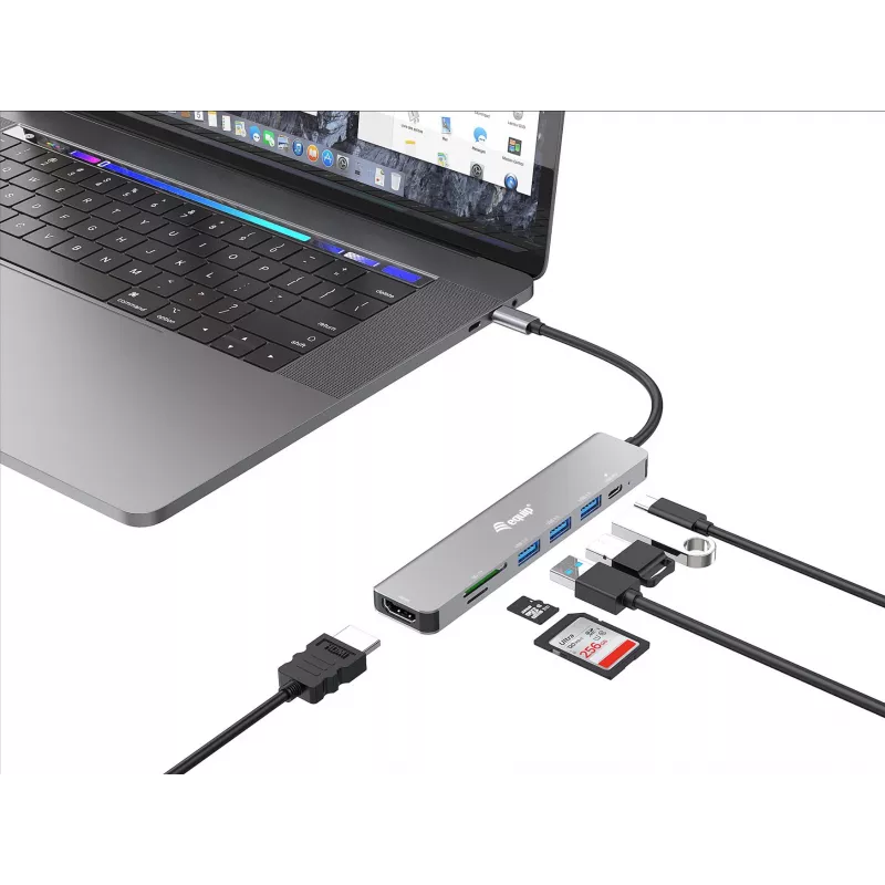 Adaptador multifunción Equip USB-C 7 en 1, HDMI 4K/60Hz, USB 3.2 Gen1 x3, TF/Micro SD, 100W USB PD