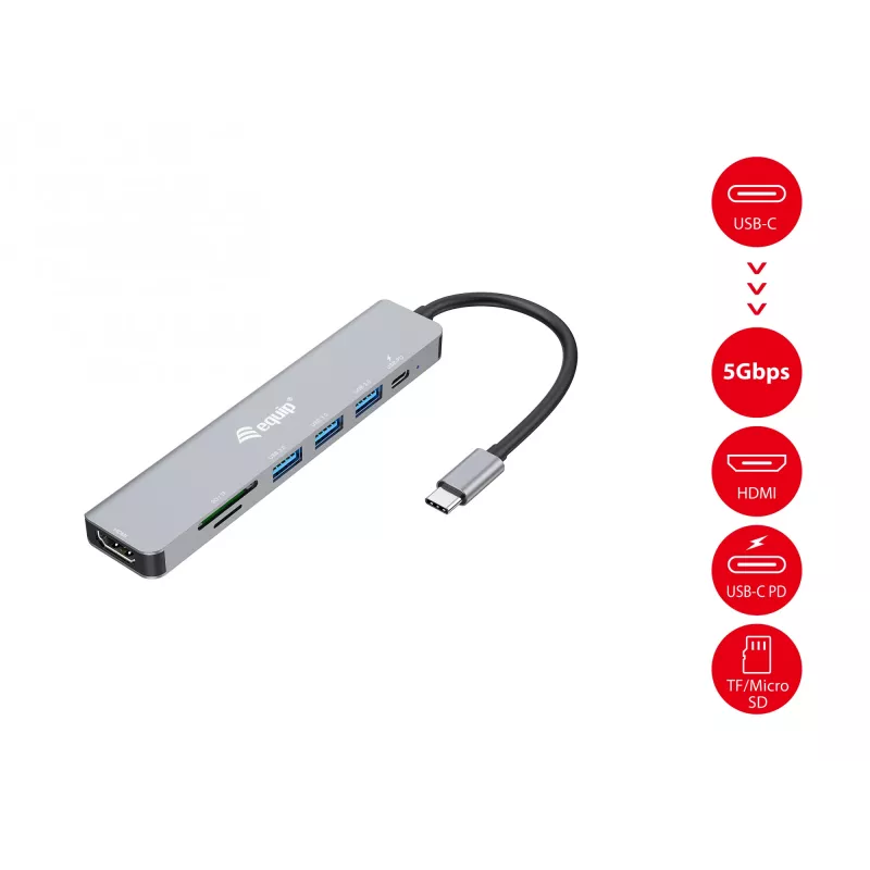 Adaptador multifunción Equip USB-C 7 en 1, HDMI 4K/60Hz, USB 3.2 Gen1 x3, TF/Micro SD, 100W USB PD