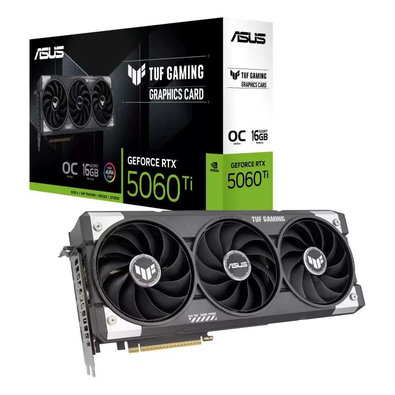 Tarjeta gráfica ASUS GeForce RTX 5060 Ti — 16 GB GDDR7, PCIe 5.0, 128 bits, 3xDP 2.1b + 1xHDMI 2.1b, 302 mm, 3 ventiladores