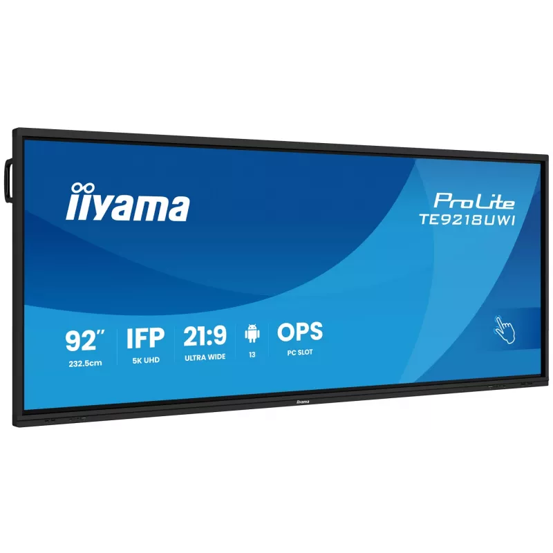 Pantalla de señalización iiyama TE9218UWI-B1AG diseño kiosco 2,32 m (91,5 inch) LED Wi-Fi 500 cd/m² 5K Ultra HD negro pantalla táctil procesador integrado Android 16/7