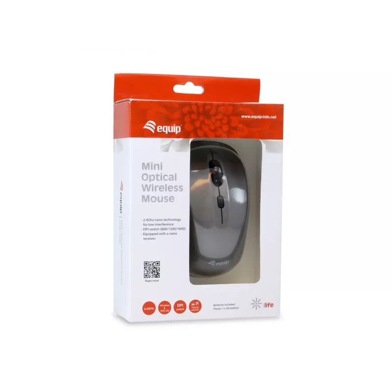 Equip ratón mini óptico inalámbrico, ambidiestro, óptico, RF inalámbrico, 1600 DPI, gris