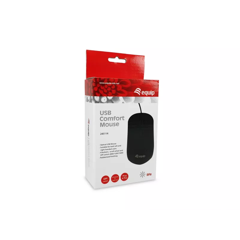 Equip ratón USB Comfort, ambidiestro, óptico, USB Type-A, 1600 DPI, negro