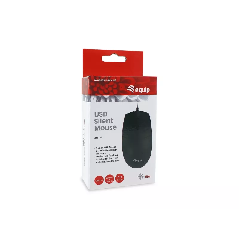 Equip ratón USB Silent, ambidiestro, óptico, USB Type-A, 1200 DPI, negro