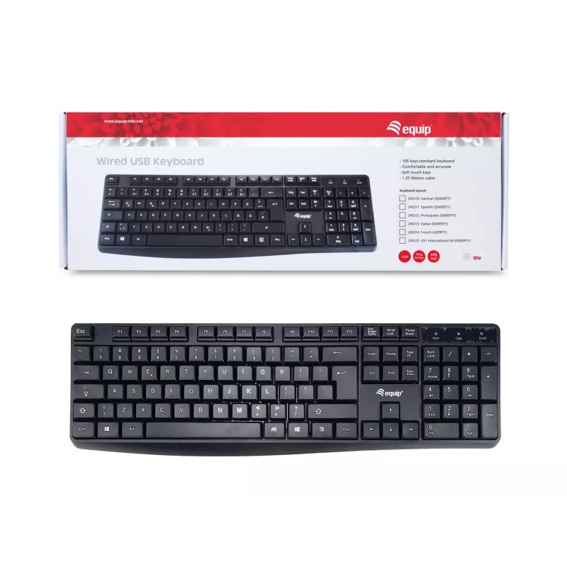 Equip teclado USB con cable, distribución US/internacional (QWERTY), tamaño completo (100%), con cable, USB, QWERTY, negro