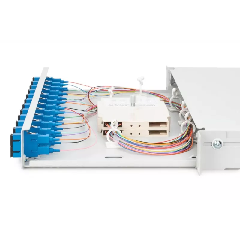 DIGITUS Caja de empalme de fibra óptica, 1U, equipada con 12x SC dúplex, incl. tornillo M25, cassette de empalme, pigtails de colores OS2, adaptador