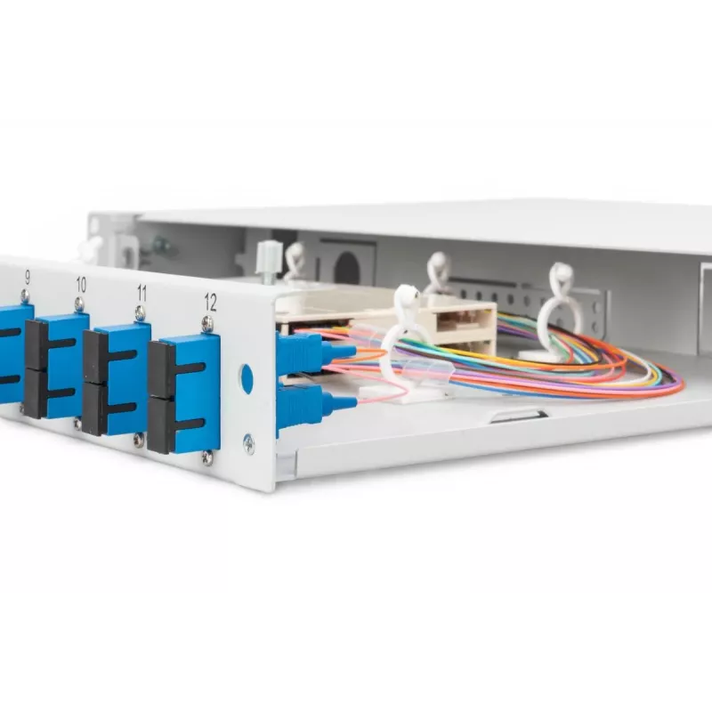 DIGITUS Caja de empalme de fibra óptica, 1U, equipada con 12x SC dúplex, incl. tornillo M25, cassette de empalme, pigtails de colores OS2, adaptador