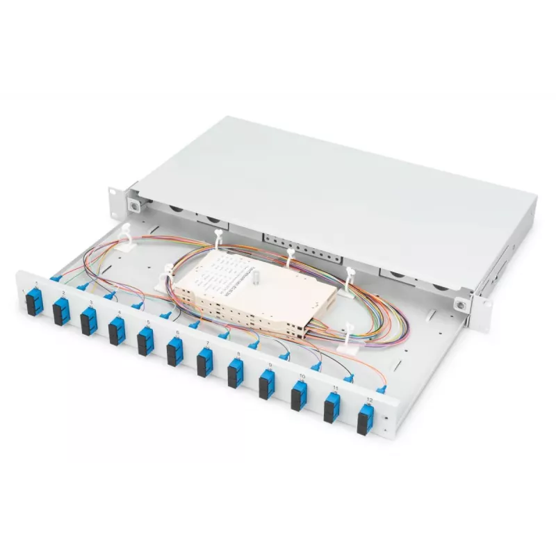 DIGITUS Caja de empalme de fibra óptica, 1U, equipada con 12x SC dúplex, incl. tornillo M25, cassette de empalme, pigtails de colores OS2, adaptador