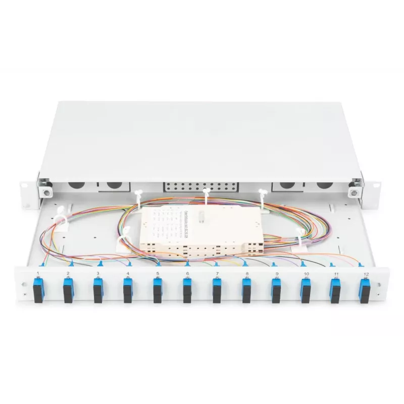 DIGITUS Caja de empalme de fibra óptica, 1U, equipada con 12x SC dúplex, incl. tornillo M25, cassette de empalme, pigtails de colores OS2, adaptador