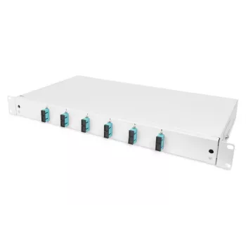 DIGITUS Caja de empalme deslizante de fibra óptica, 1U, equipada con 6x SC dúplex, incl. tornillo M25, cassette de empalme pigtails de colores OM3, adaptador