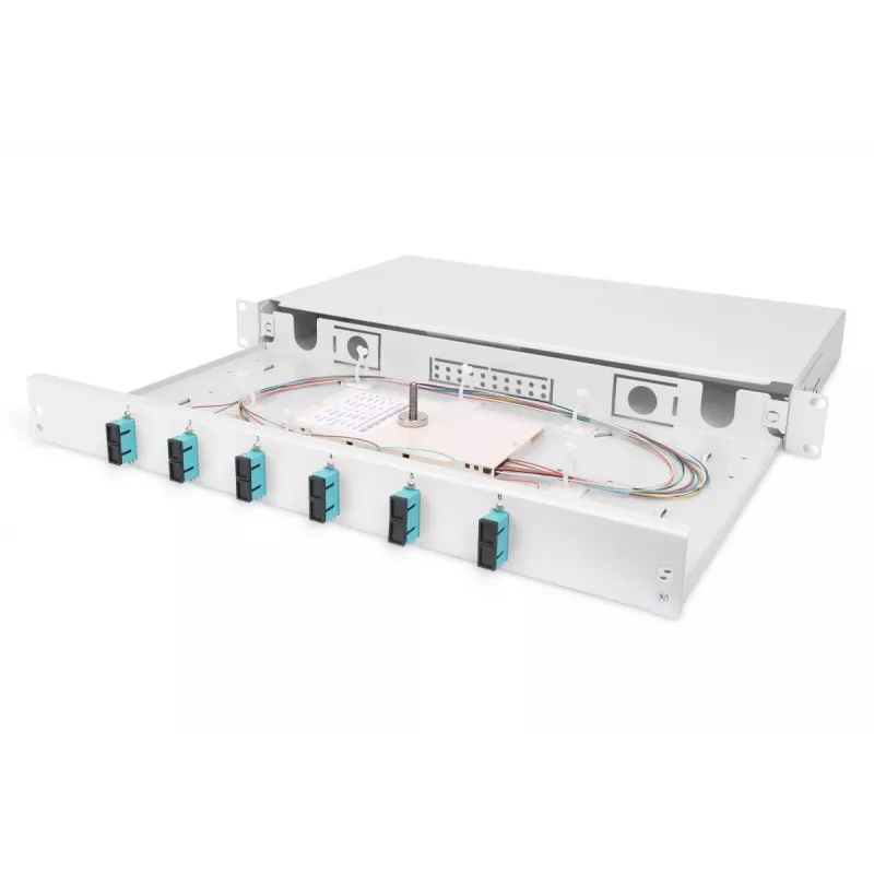 DIGITUS Caja de empalme deslizante de fibra óptica, 1U, equipada con 6x SC dúplex, incl. tornillo M25, cassette de empalme pigtails de colores OM3, adaptador