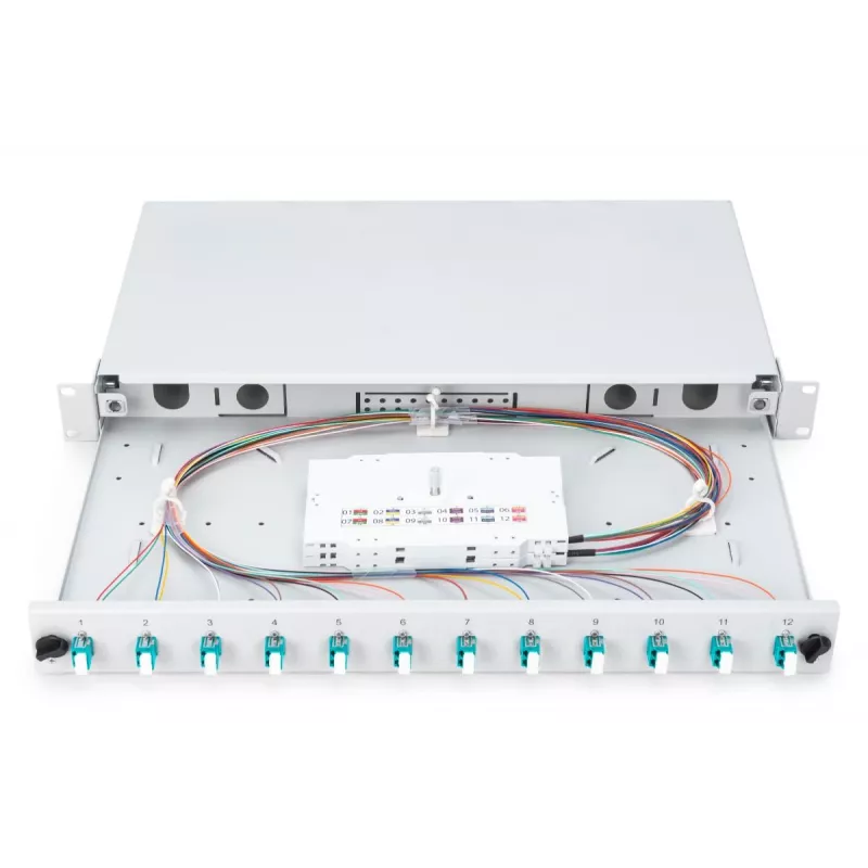 Caja de empalme de fibra óptica DIGITUS, 1HE, equipada con 12x LC-Duplex, incl. tornillos M25, cassette de empalme OM3, pigtails de colores, adaptador