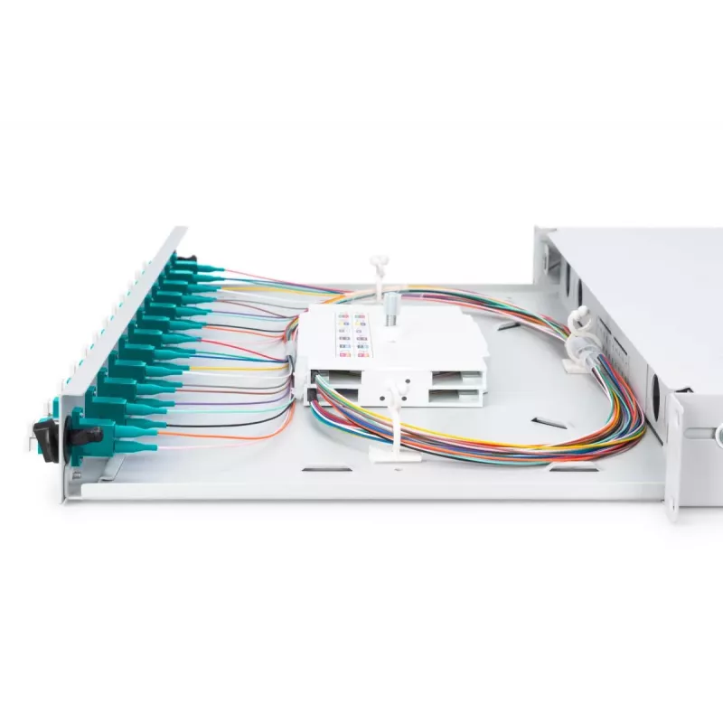 Caja de empalme de fibra óptica DIGITUS, 1HE, equipada con 12x LC-Duplex, incl. tornillos M25, cassette de empalme OM3, pigtails de colores, adaptador