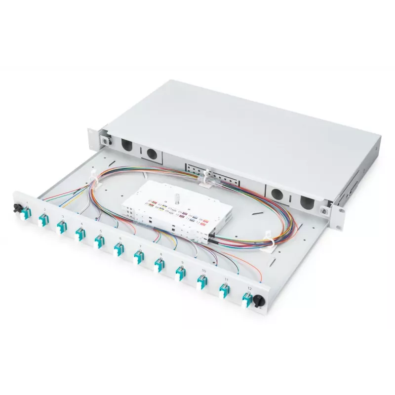 Caja de empalme de fibra óptica DIGITUS, 1HE, equipada con 12x LC-Duplex, incl. tornillos M25, cassette de empalme OM3, pigtails de colores, adaptador