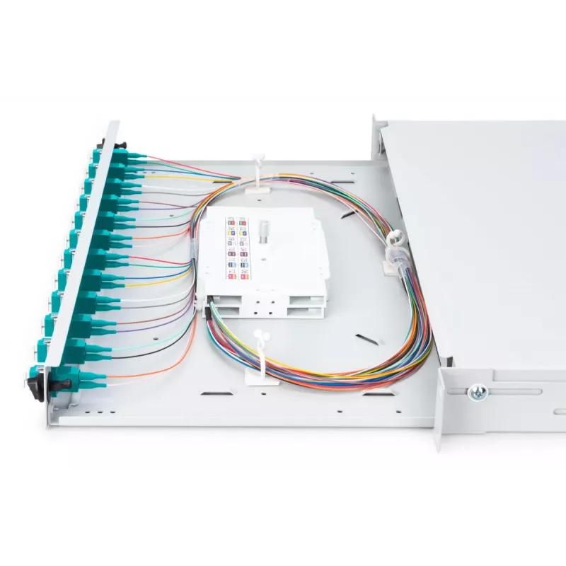 Caja de empalme de fibra óptica DIGITUS, 1HE, equipada con 12x LC-Duplex, incl. tornillos M25, cassette de empalme OM3, pigtails de colores, adaptador