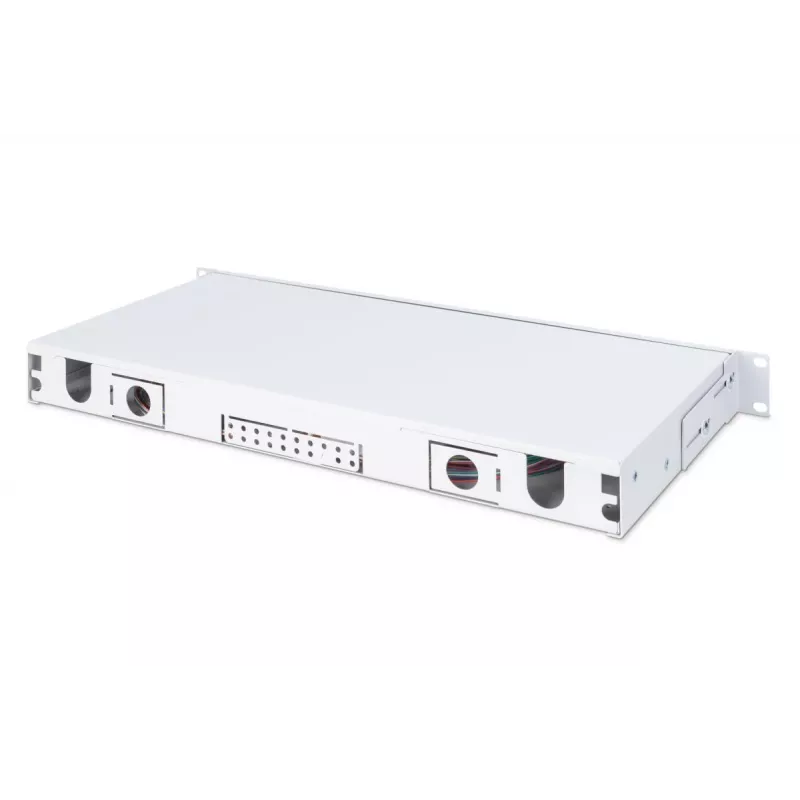DIGITUS Caja de empalme deslizante de fibra óptica, 1U, equipada con 24x LC dúplex, incl. tornillo M25, cassette de empalme pigtails de colores OM4, adaptador