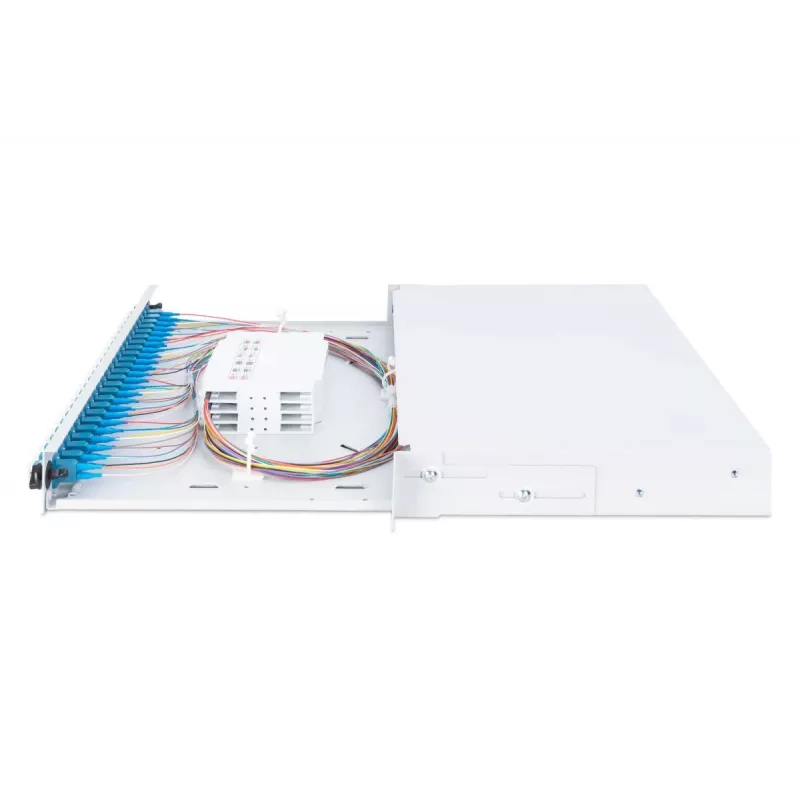 DIGITUS Caja de empalme deslizante de fibra óptica, 1U, equipada con 24x LC dúplex, incl. tornillo M25, cassette de empalme pigtails de colores OM4, adaptador