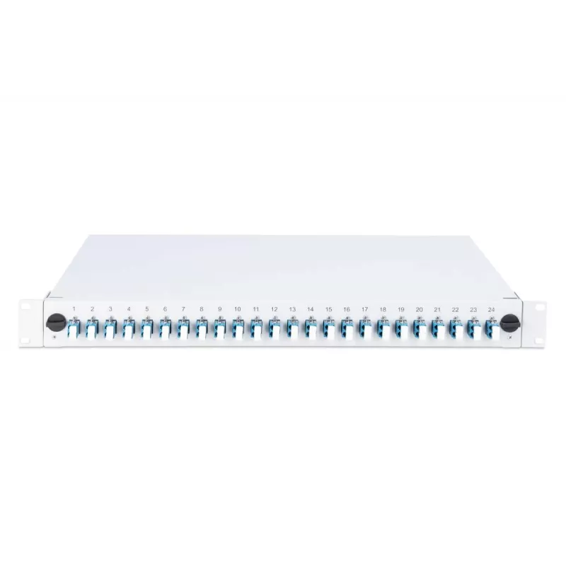 DIGITUS Caja de empalme deslizante de fibra óptica, 1U, equipada con 24x LC dúplex, incl. tornillo M25, cassette de empalme pigtails de colores OM4, adaptador