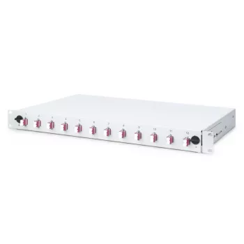 DIGITUS Caja de empalme deslizante de fibra óptica, 1U, equipada con 12x LC dúplex, incl. tornillo M25, cassette de empalme pigtails de colores OM4, adaptador
