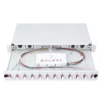 DIGITUS Caja de empalme deslizante de fibra óptica, 1U, equipada con 12x LC dúplex, incl. tornillo M25, cassette de empalme pigtails de colores OM4, adaptador