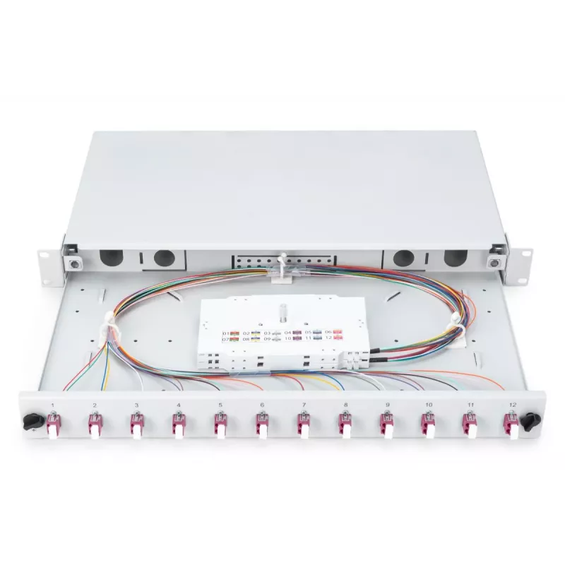 DIGITUS Caja de empalme deslizante de fibra óptica, 1U, equipada con 12x LC dúplex, incl. tornillo M25, cassette de empalme pigtails de colores OM4, adaptador