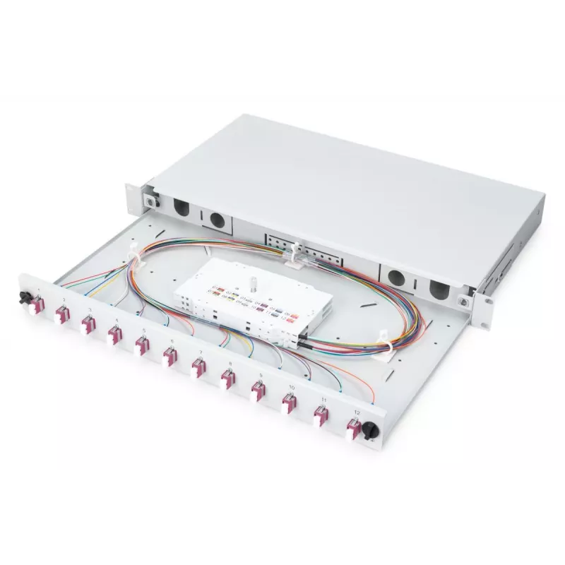 DIGITUS Caja de empalme deslizante de fibra óptica, 1U, equipada con 12x LC dúplex, incl. tornillo M25, cassette de empalme pigtails de colores OM4, adaptador