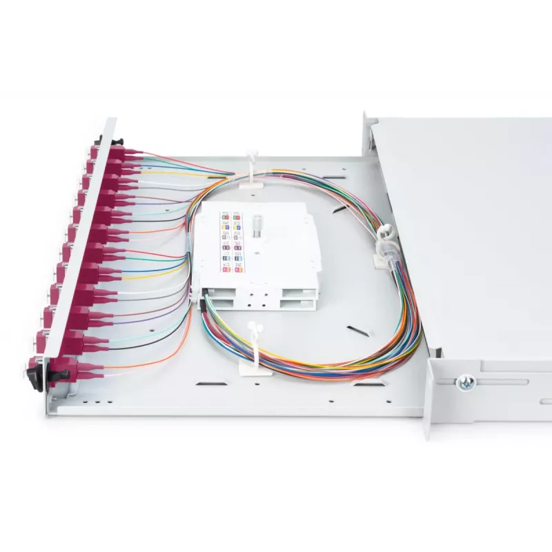 DIGITUS Caja de empalme deslizante de fibra óptica, 1U, equipada con 12x LC dúplex, incl. tornillo M25, cassette de empalme pigtails de colores OM4, adaptador