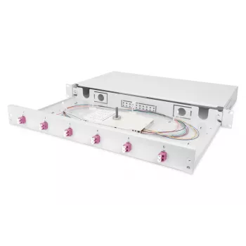 Caja de empalme de fibra óptica extraíble DIGITUS, 1HE, equipada con 6x LC-Duplex, incl. tornillo M 25, cassette de empalme OM4 pigtails de colores, adaptador