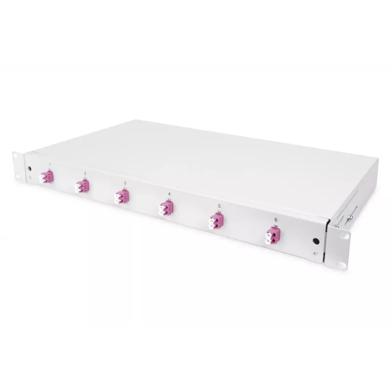 Caja de empalme de fibra óptica extraíble DIGITUS, 1HE, equipada con 6x LC-Duplex, incl. tornillo M 25, cassette de empalme OM4 pigtails de colores, adaptador