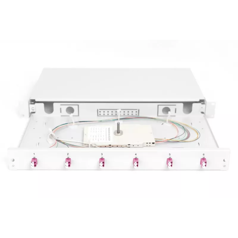 Caja de empalme de fibra óptica extraíble DIGITUS, 1HE, equipada con 6x LC-Duplex, incl. tornillo M 25, cassette de empalme OM4 pigtails de colores, adaptador