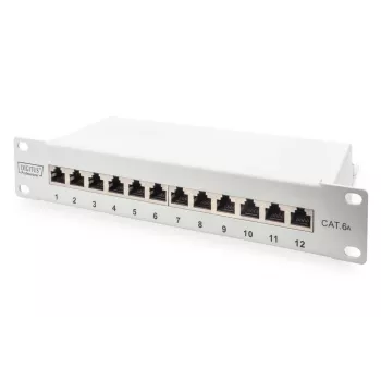 DIGITUS Panel de parcheo CAT6A, apantallado, 12 puertos campo de rotulación, 1U, montaje en rack de 10 pulgadas, gris RAL 7035