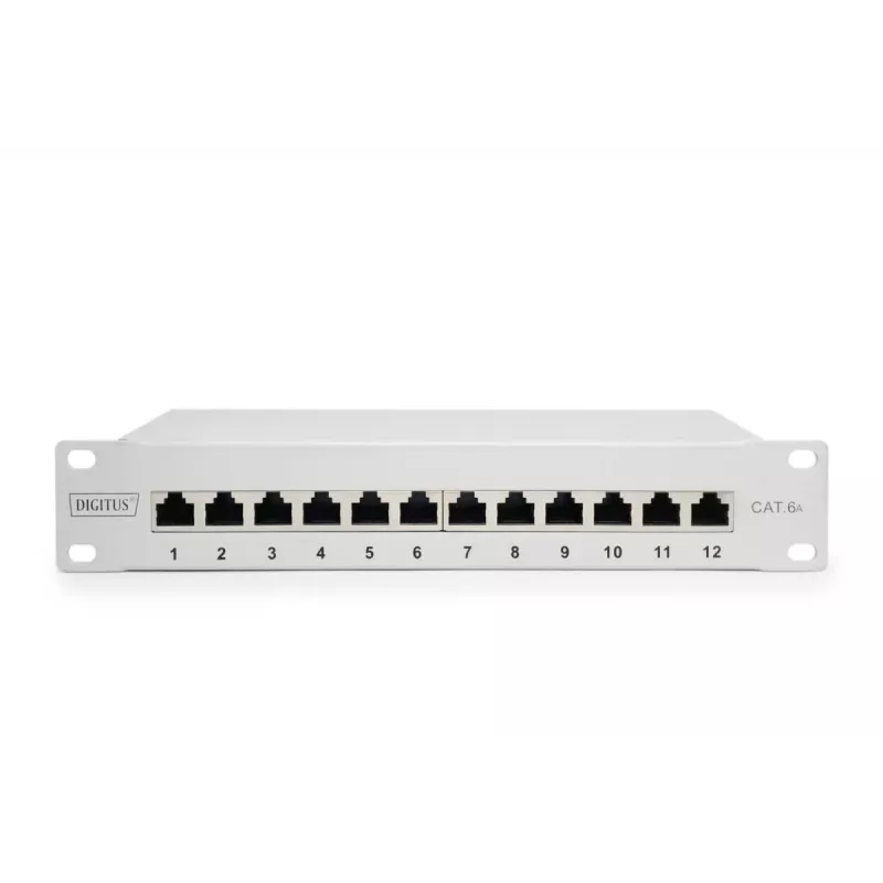DIGITUS Panel de parcheo CAT6A, apantallado, 12 puertos campo de rotulación, 1U, montaje en rack de 10 pulgadas, gris RAL 7035