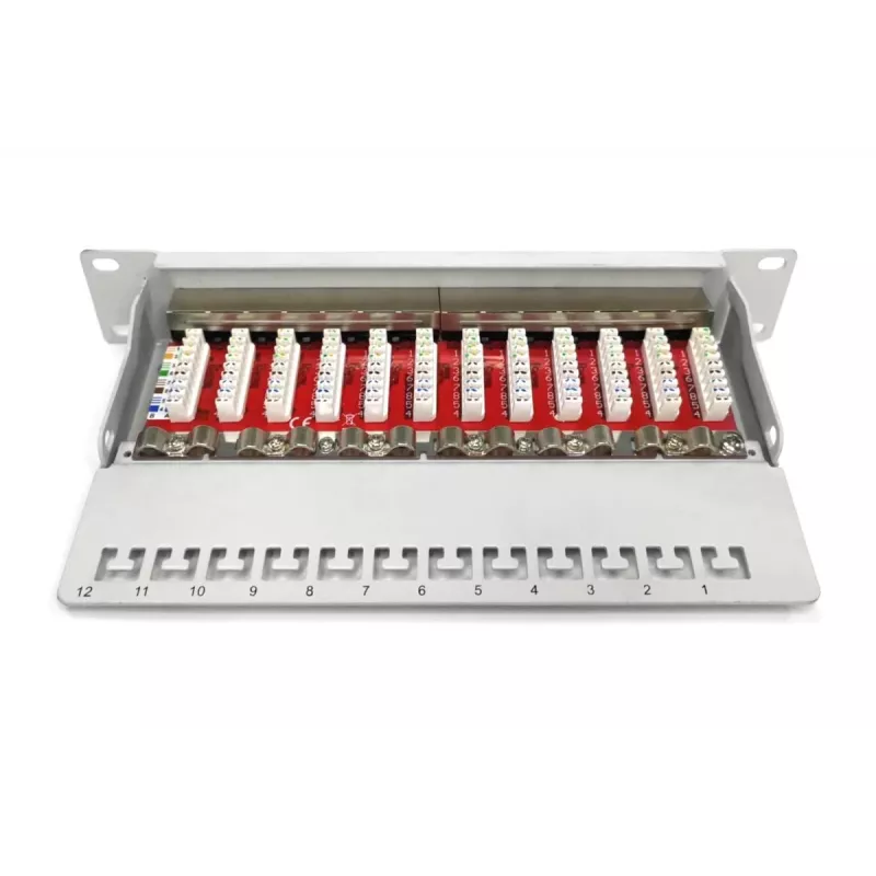 DIGITUS Panel de parcheo CAT6A, apantallado, 12 puertos campo de rotulación, 1U, montaje en rack de 10 pulgadas, gris RAL 7035