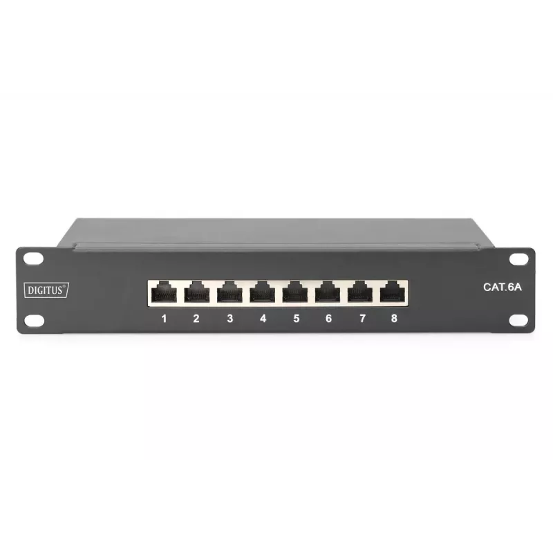 DIGITUS Panel de parcheo CAT6A apantallado, 8 puertos 1U, montaje en rack de 10 pulgadas, negro RAL 9005